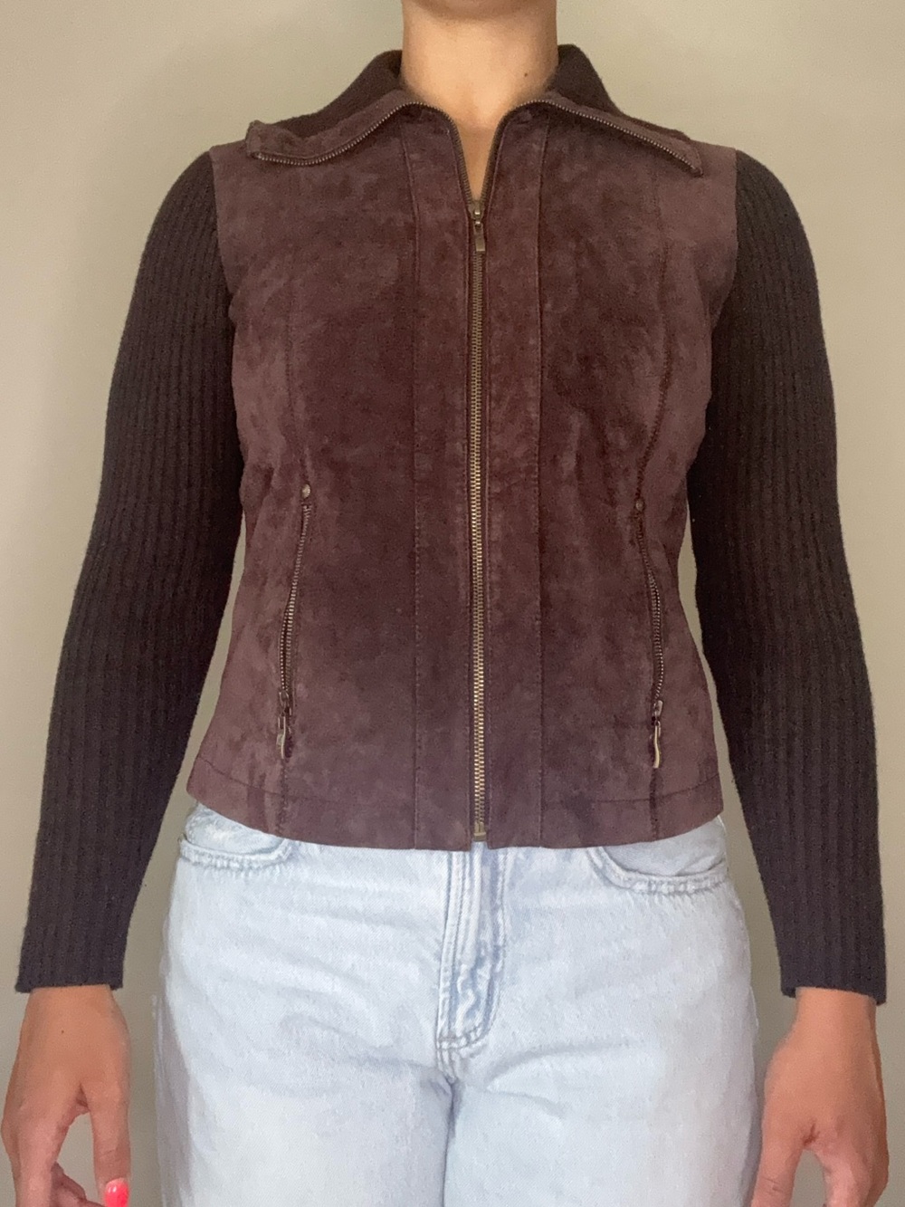 Y2K Vintage Live a Little Brown Suede Jacket with Ribbed Knit Sleeves